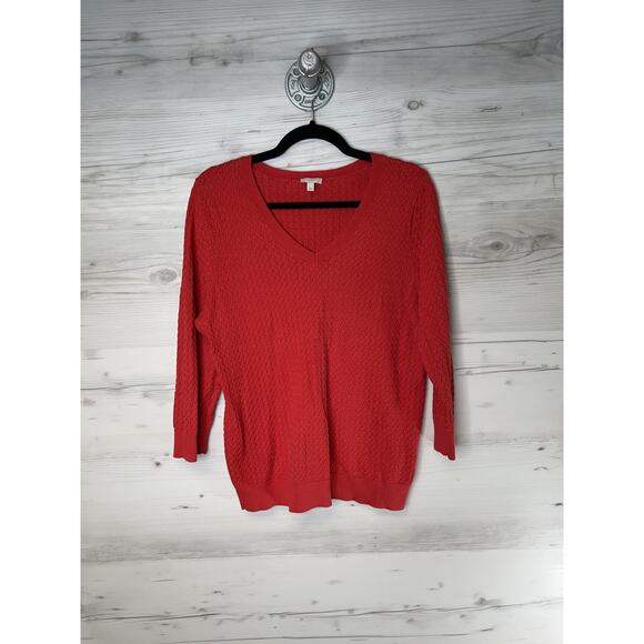 Talbots Sweater Womens Large Red Pullover V Neck 100% Cotton Solid Textured - Picture 1 of 8